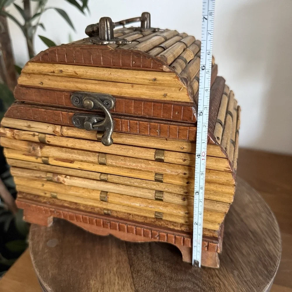 Vintage Bamboo Rattan Wooden Treasure Chest Trinket Box Hinged w/ Metal Latch 6